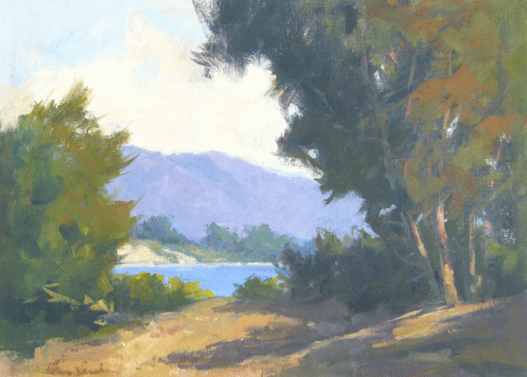 Carpinteria Bluff painting by Ann Sanders includes green and gold trees with glimpse of blue waters and muted purple mountains in background. (Courtesy photo)
